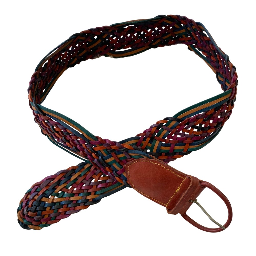 Vintage Retro 90's Braided Belt Womens M Multicolor Woven Genuine Leather Boho